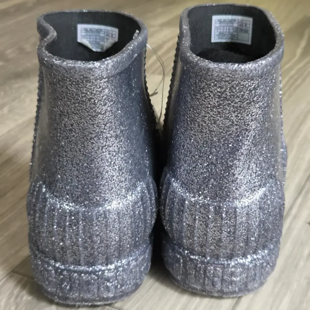 US 5 Ugg Silver Glitter Rain Booties Womens